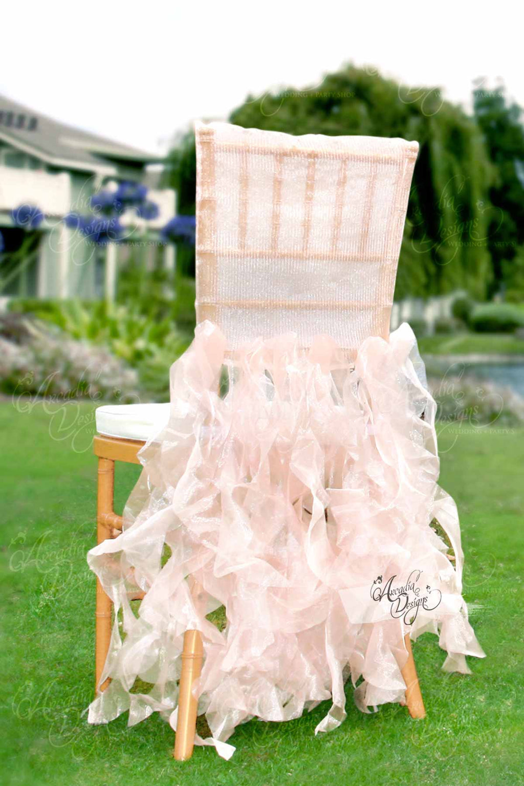 Arcadia Designs Sheer White Ruffled Bridal Chair Cover Pink