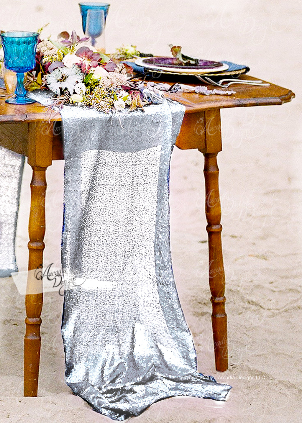 Matt Cyber Silver sequin glitz table runner for wedding event party by arcadia designs 