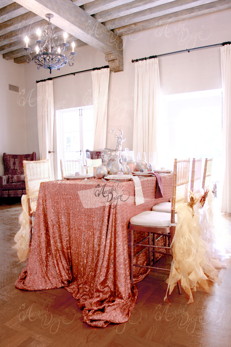 rose gold sequin tablecloth, arcadia designs, glamorous event decor 