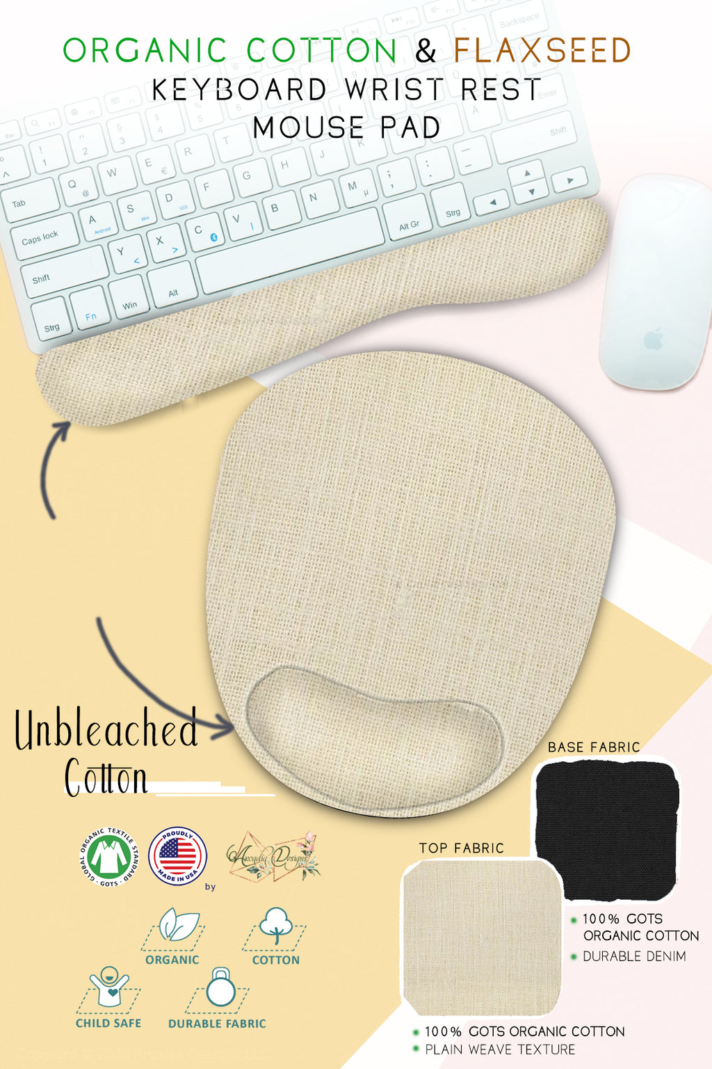 Organic Cotton & Flaxseed Keyboard Wrist Rest and Mouse Pad