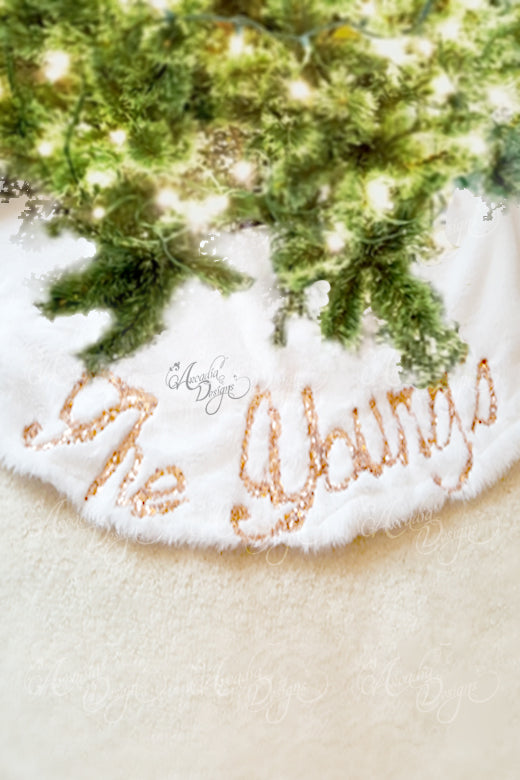 Arcadia Designs Sequin embroidery personalized Snow White Faux Fur Christmas Tree Skirt made in USA