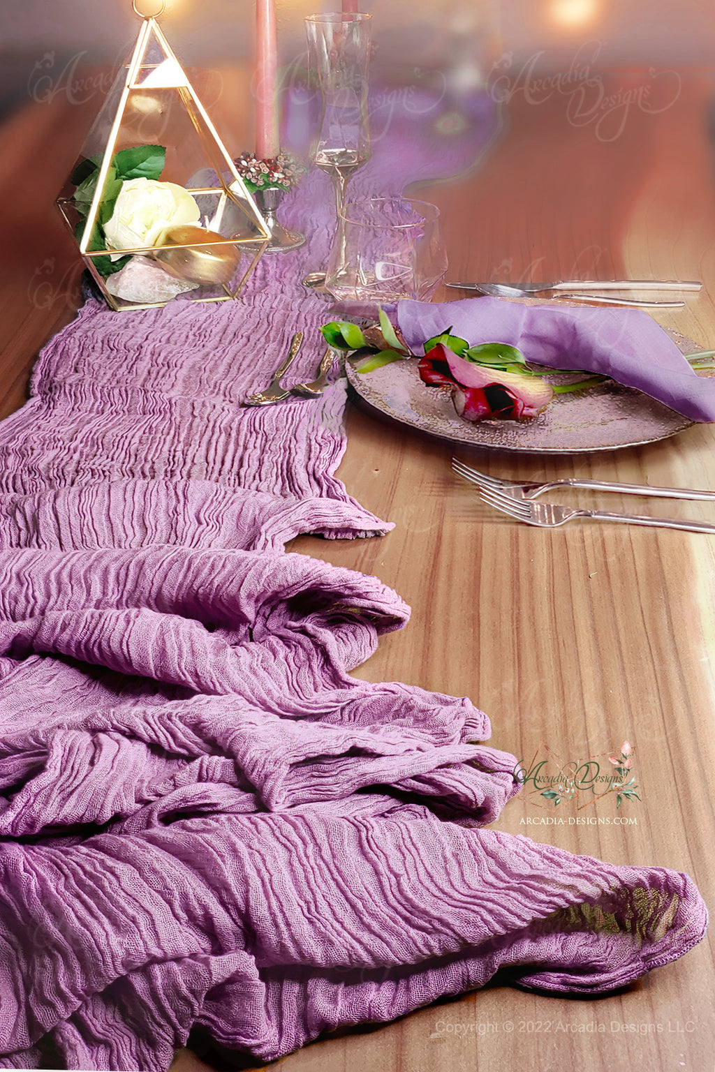 Lavender Cheesecloth wrinkled cotton sheer Gauze Table Runner for event home decoration by Arcadia Designs LLC