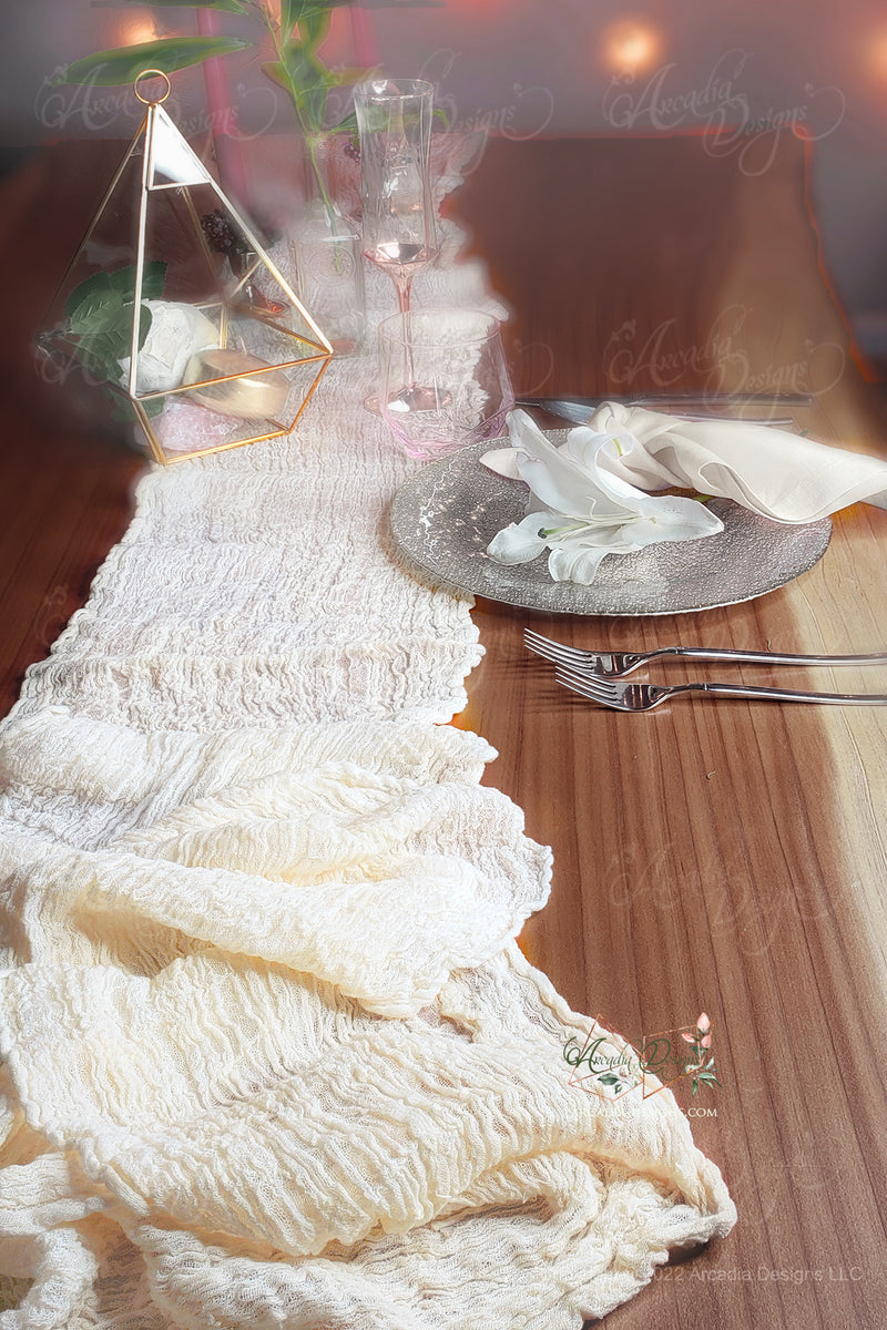 Ivory Cheesecloth wrinkled cotton sheer Gauze Table Runner for event home decoration by Arcadia Designs LLC