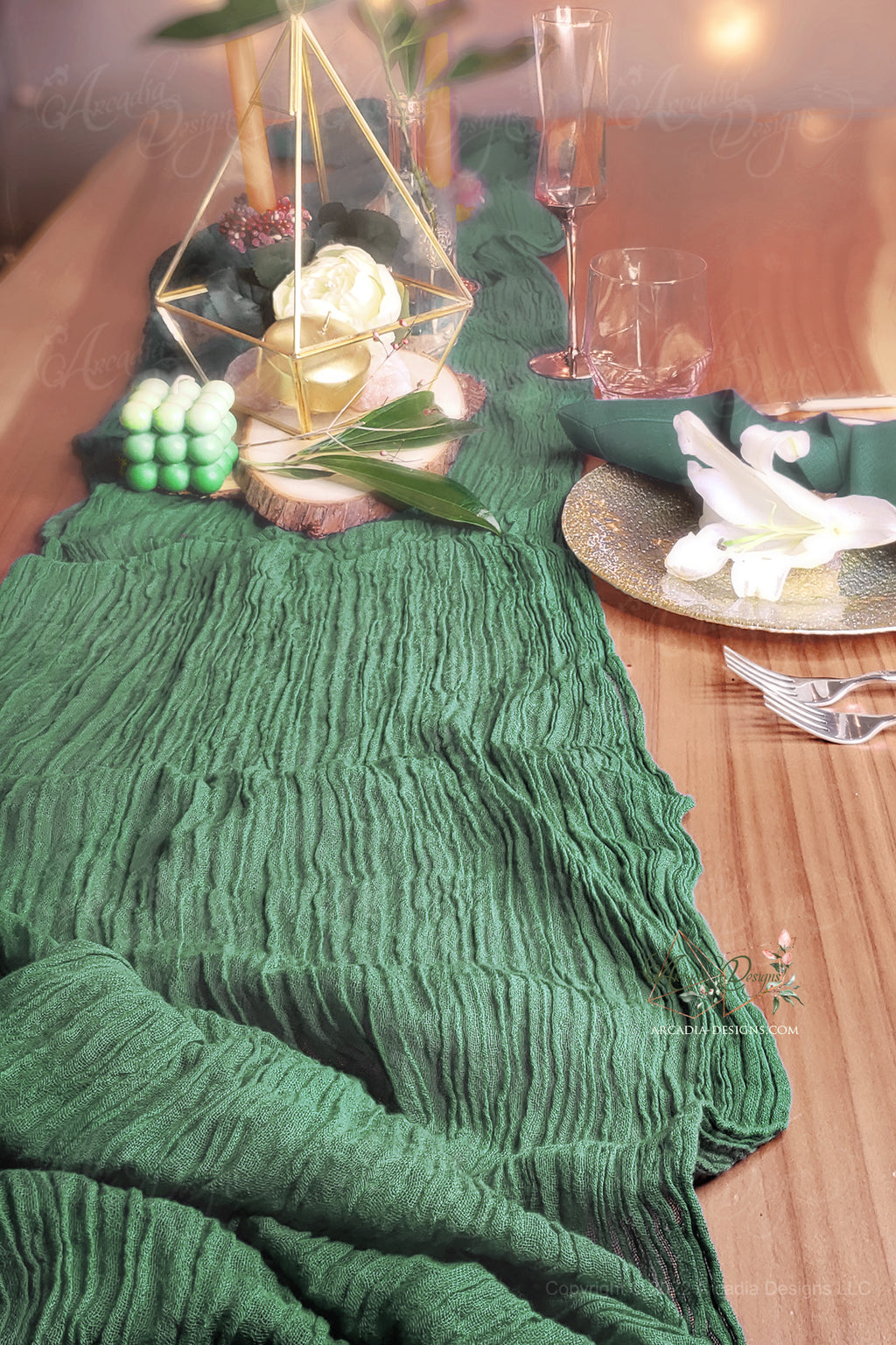 Boho green Cheesecloth wrinkled cotton sheer Gauze Table Runner for event home decoration by Arcadia Designs LLC