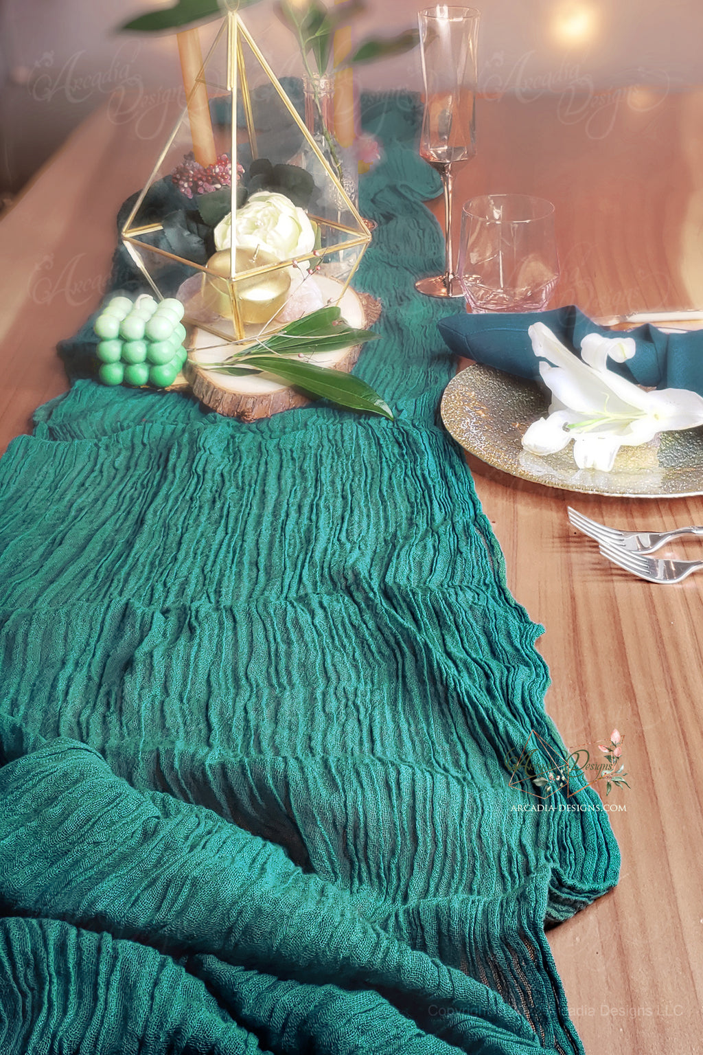 Peacock green Cheesecloth wrinkled cotton sheer Gauze Table Runner for event home decoration by Arcadia Designs LLC