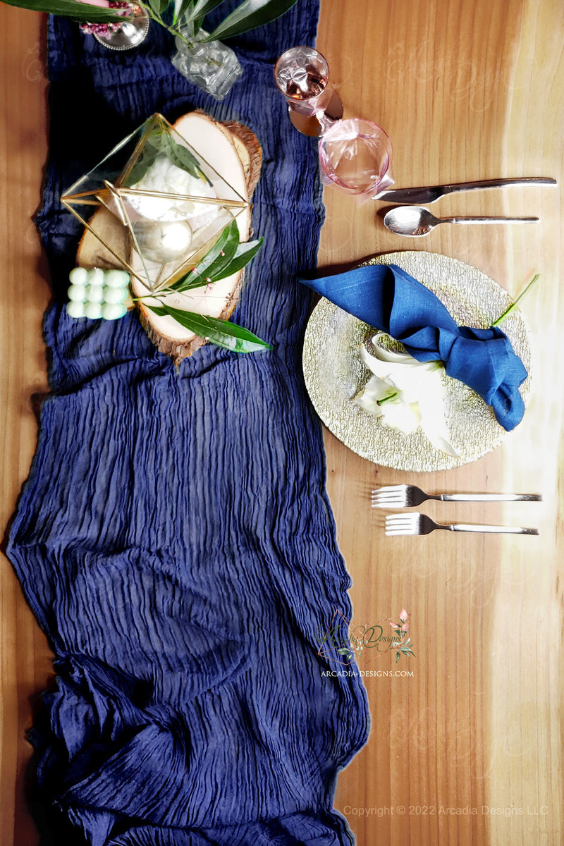 dark blue Cheesecloth wrinkled cotton sheer Gauze Table Runner for event home decoration by Arcadia Designs LLC