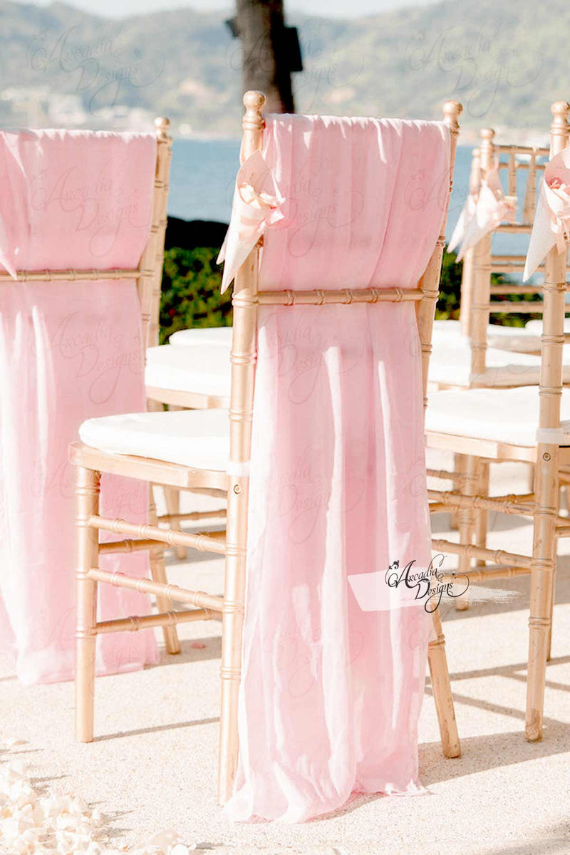 Arcadia Designs Chiffon White Puddling Floor Drape Chair Sash Blush Pink