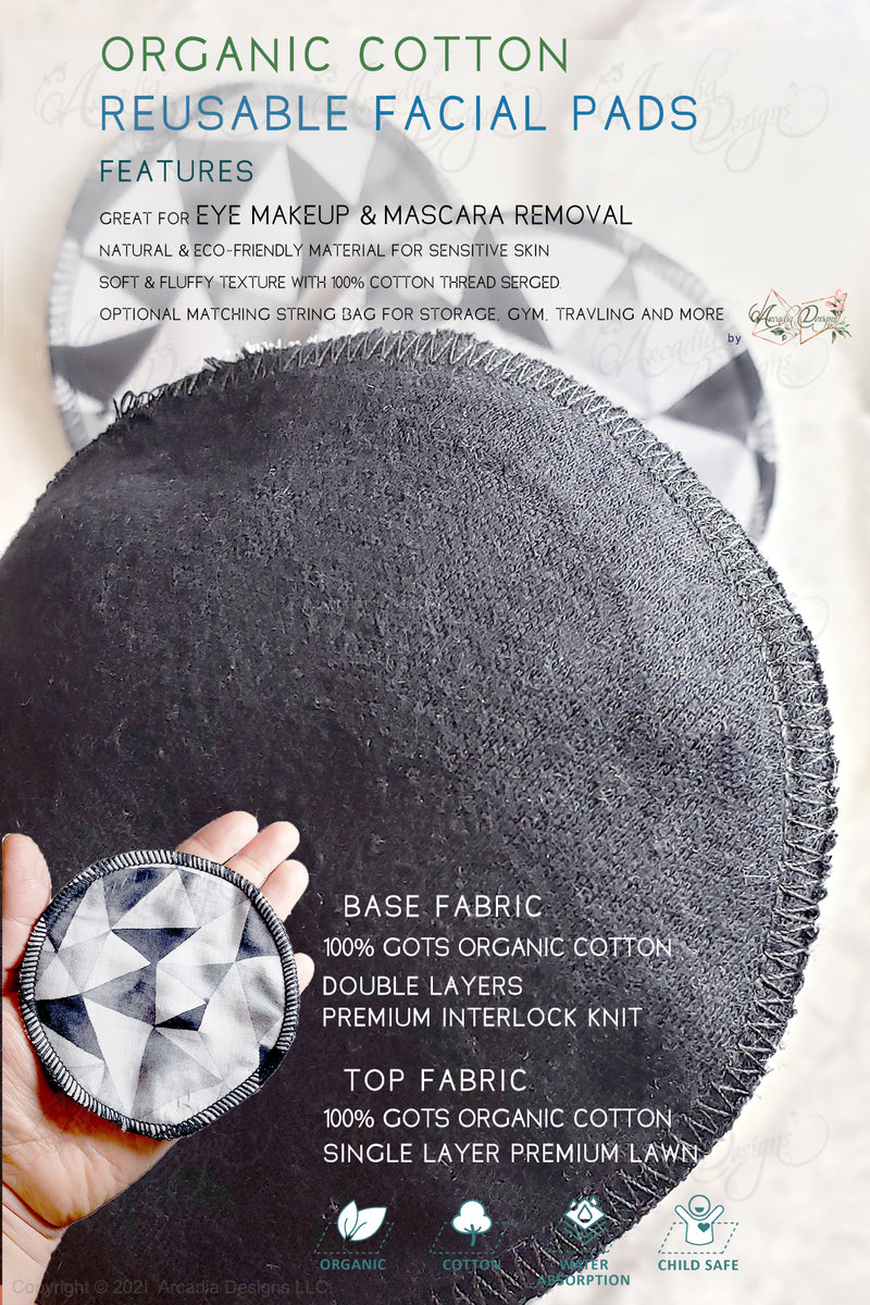 black grey diamond interlock knit Reusable GOTS certified Organic Cotton fabrics facial pad Washable cotton rounds face pads cotton drawstring bag pouch by arcadia designs llc