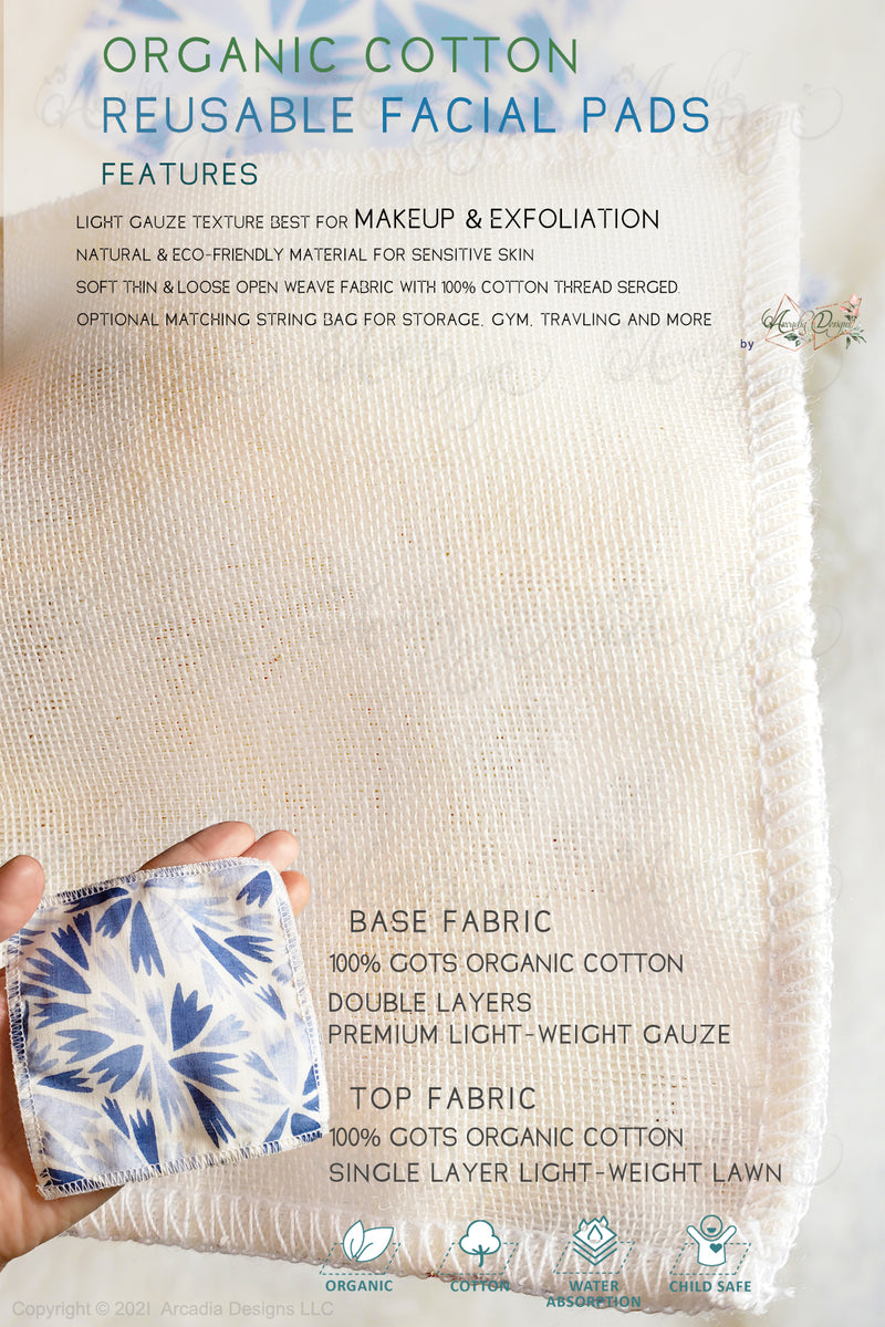 cornflower blue floral gauze Reusable GOTS certified Organic Cotton fabrics facial pad Washable cotton rounds face pads cotton drawstring bag pouch by arcadia designs llc