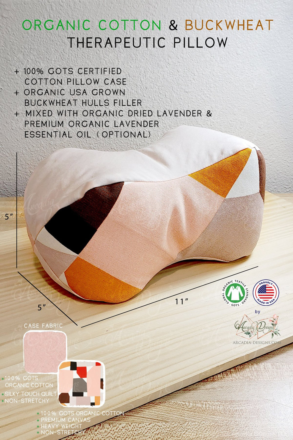 Organic Cotton organic Buckwheat Therapeutic pillow handmade by Arcadia Designs LLC made in USA