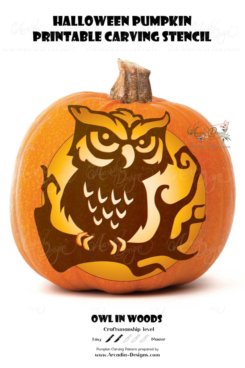 Owl in the Woods Printable Halloween Pumpkin Carving Pattern Stencil by arcadia designs llc