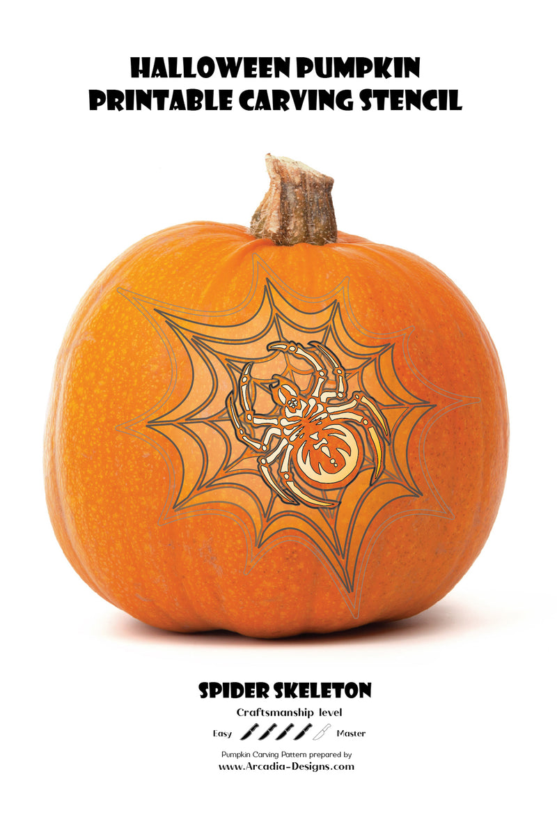 Skeleton spider web Printable Halloween Pumpkin Carving Pattern Stencils Instant Download PDF DIY Pumpkin Lantern Carving Templates by arcadia designs llc