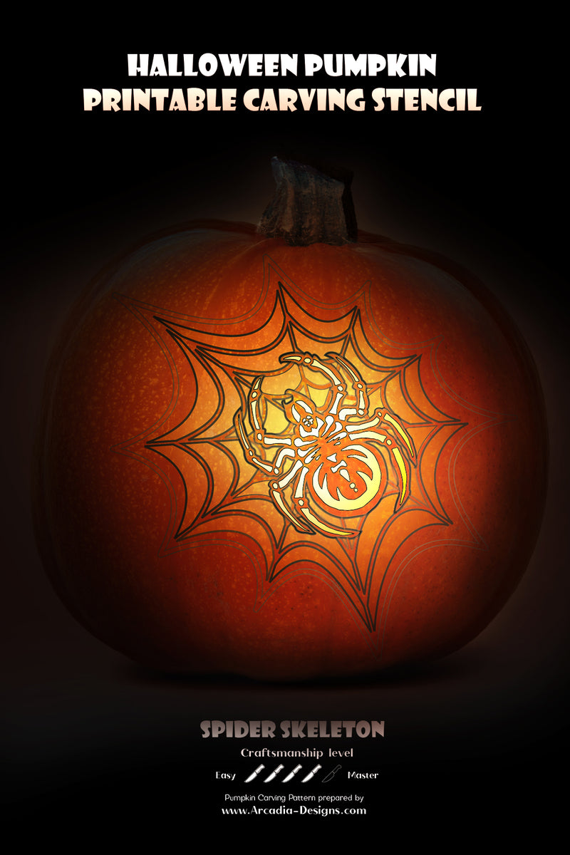 skeleton spider web Printable Halloween Pumpkin Carving Pattern Stencils Instant Download PDF DIY Pumpkin Lantern Carving Templates by arcadia designs llc