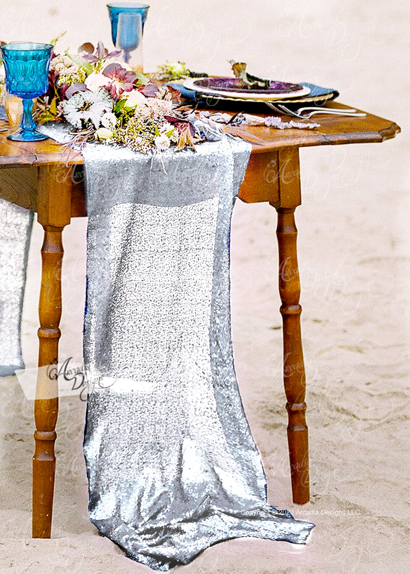 Matt Cyber Silver sequin glitz table runner for wedding event party by arcadia designs 