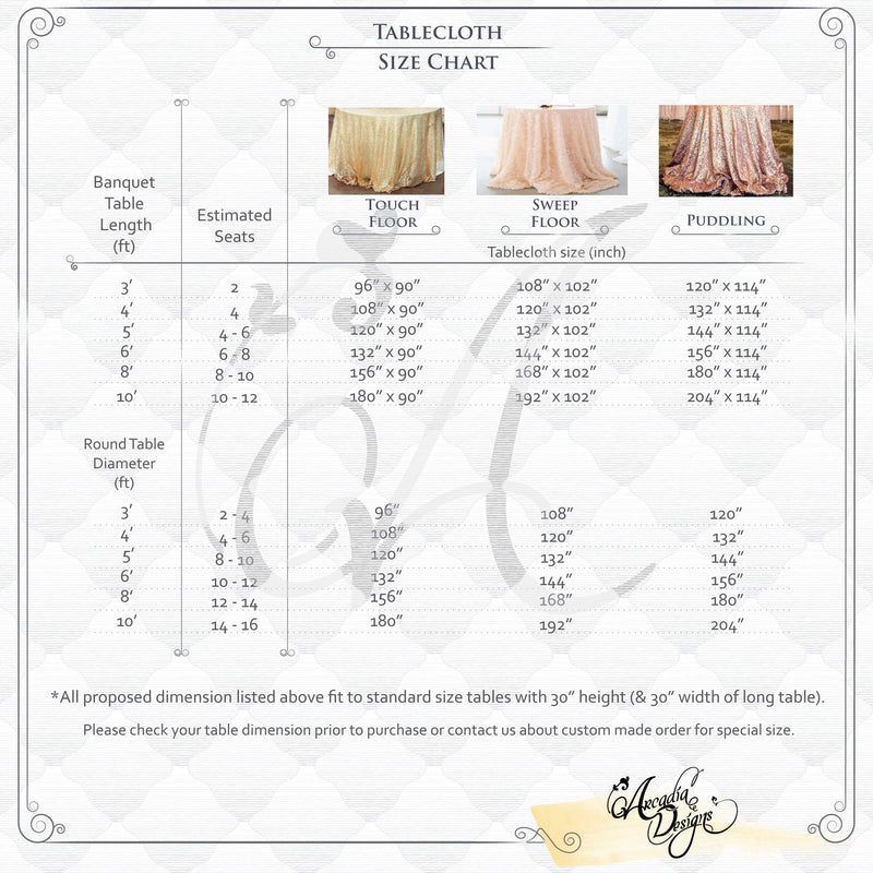 table runner table overlay tablecloth drape size chart by Arcadia Design Bridal Decoration baptism party wedding reception sweet host table birthday party ceremony celebration Event Reception Engagement Decoration