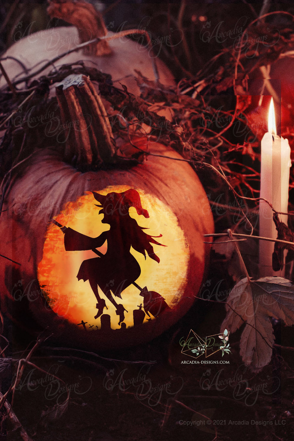 Halloween Witch printable pumpkin carving stencil Arcadia Designs