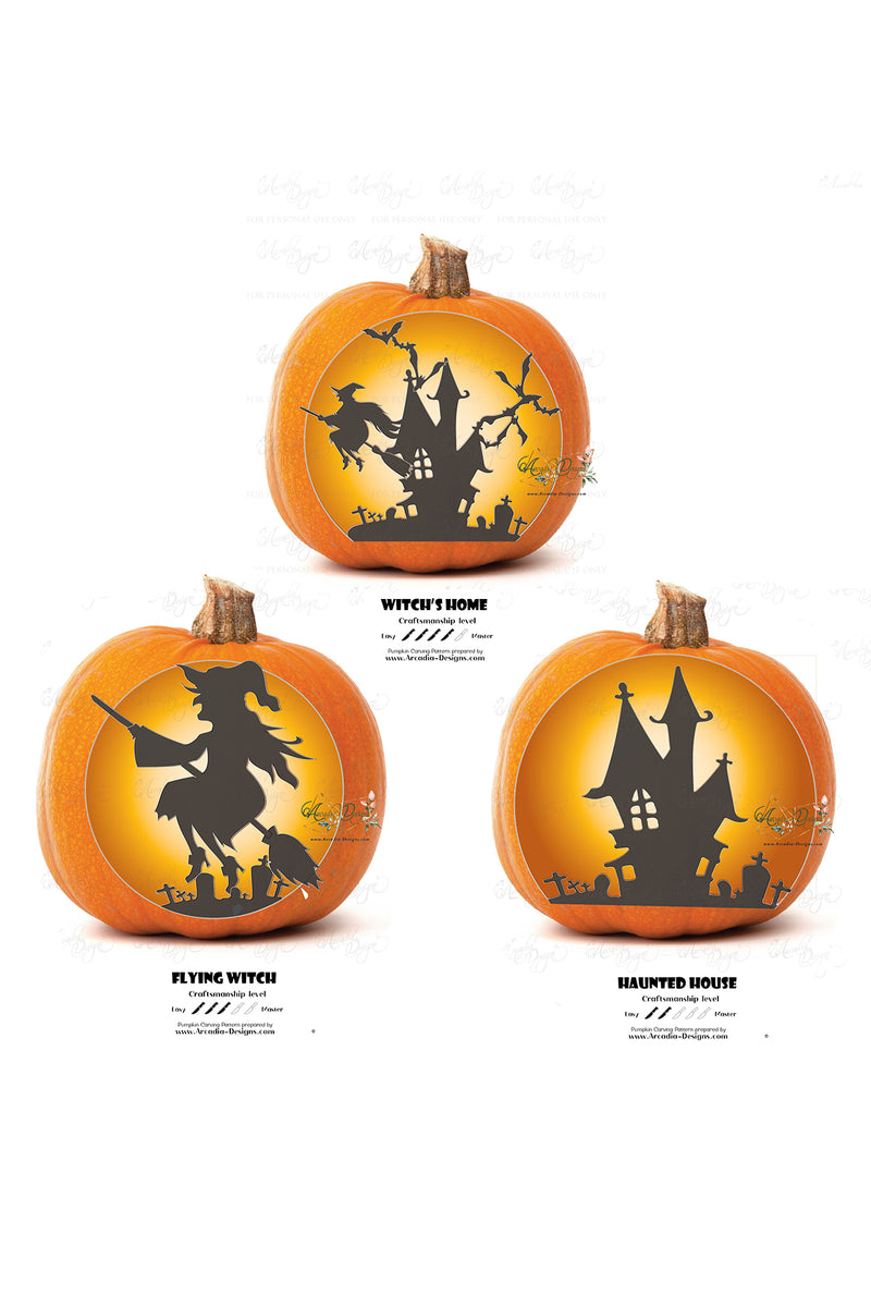 Witch and Haunted House Printable Halloween Pumpkin Carving Pattern Stencil, Set of 3