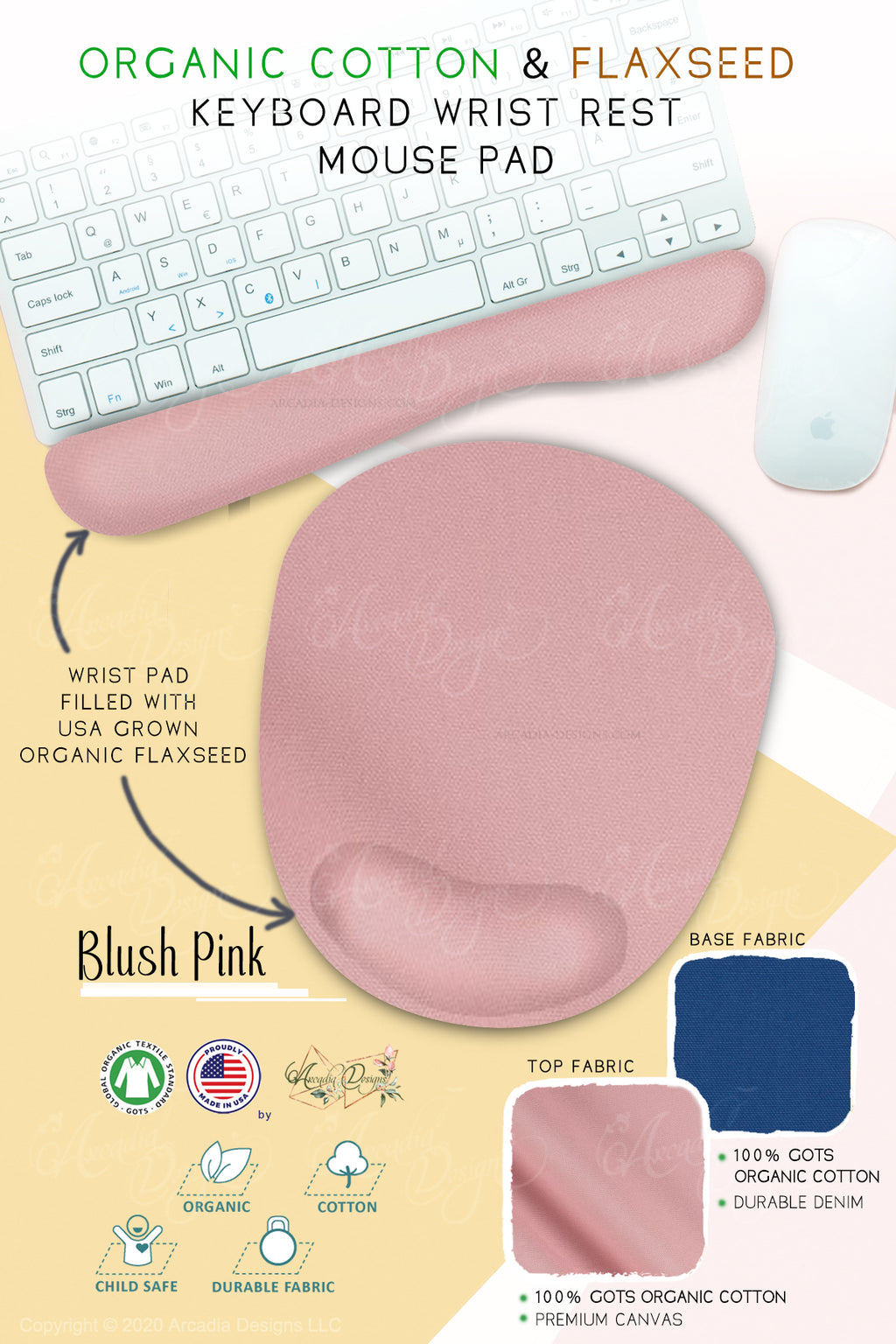 blush pink Organic Cotton & Flaxseed Keyboard rest and Mouse Pad hand made in USA exclusive by Arcadia Designs
