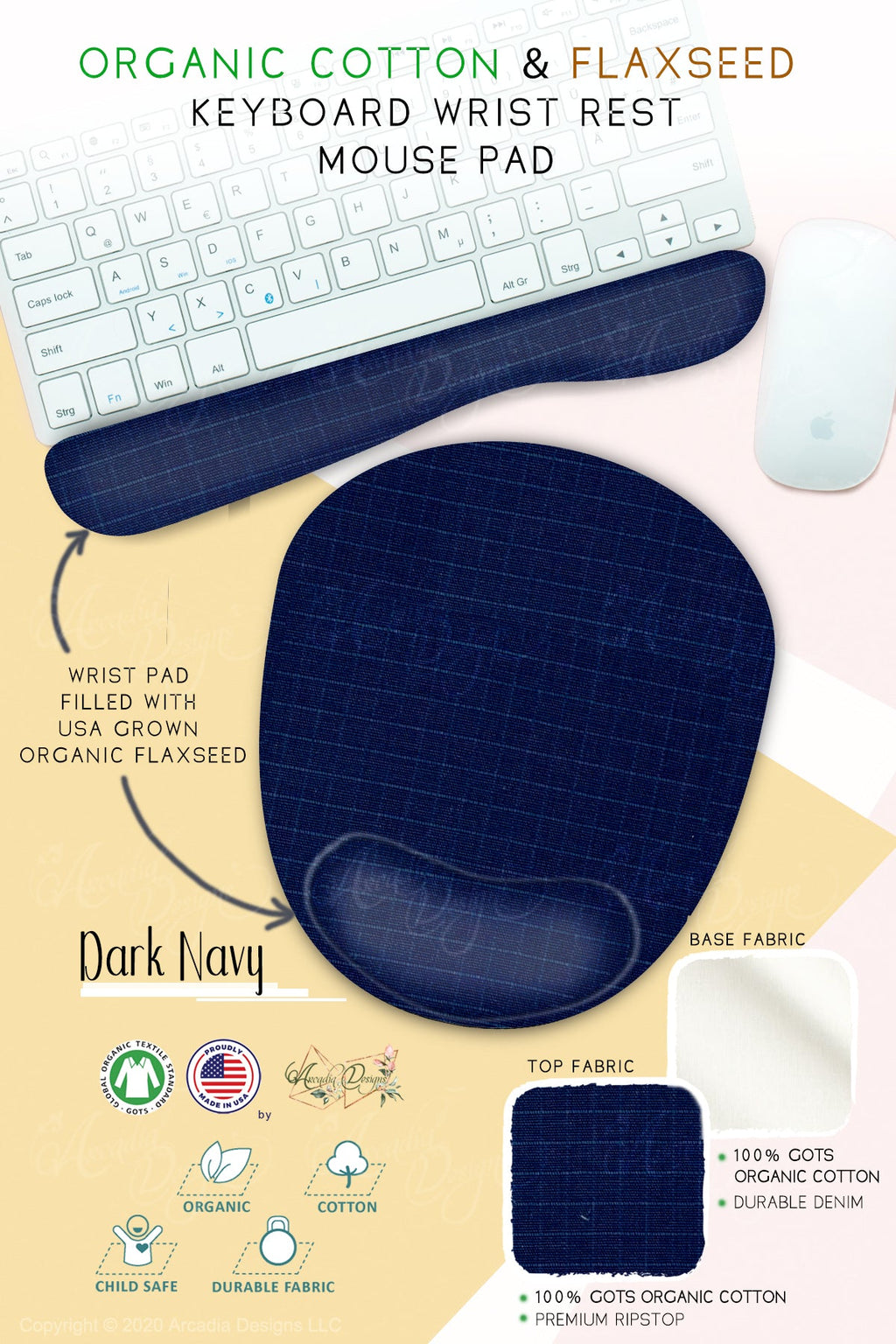 dark navy blue Organic Cotton & Flaxseed Keyboard rest and Mouse Pad hand made in USA exclusive by Arcadia Designs Electronic Accessories Computers Peripherals