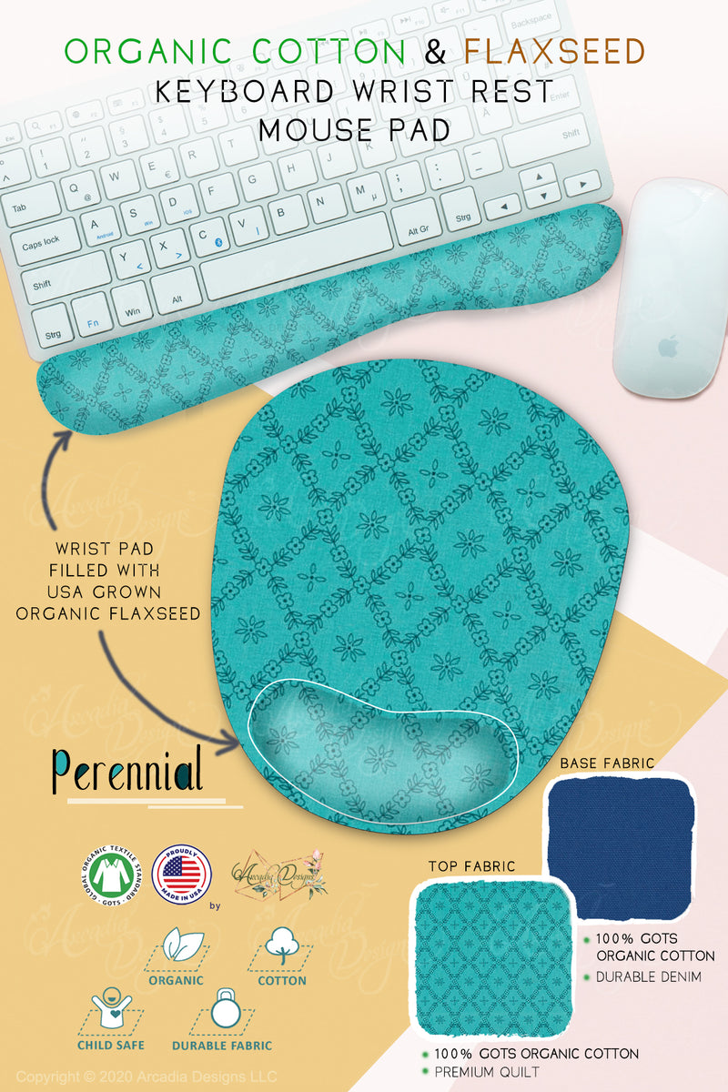 perennial floral teal Cotton & Flaxseed Keyboard rest and Mouse Pad hand made in USA exclusive by Arcadia Designs