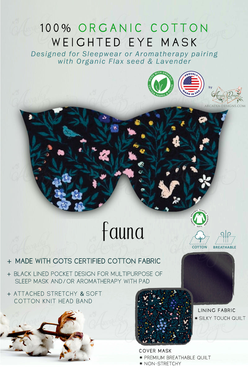 black floral animal fauna Green floral cat eye shape Weighted Eye Mask Organic Cotton & Flaxseed Eye Pillow for sleep mask aromatherapy Lavender relaxation heat cold pack for meditation hand made in USA exclusive by Arcadia Designs