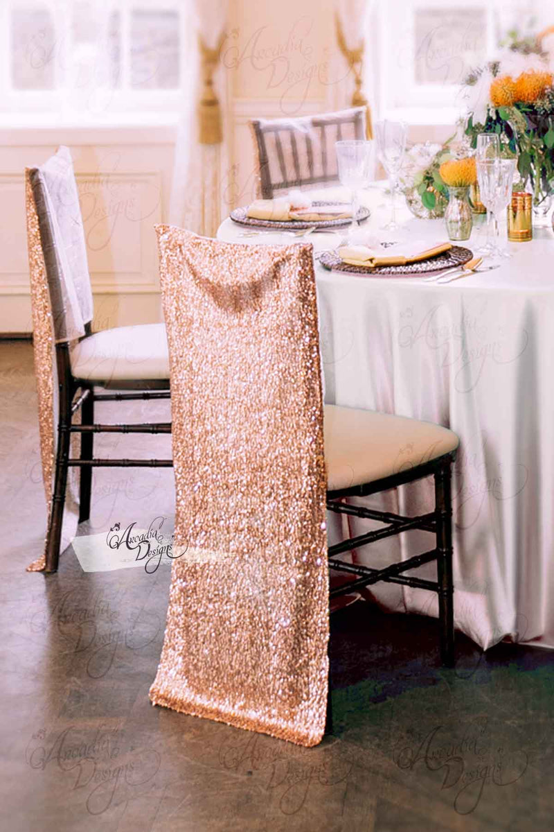 Arcadia Designs Shimmer Gold Chiavari Sequin Chair Cover Rose Gold