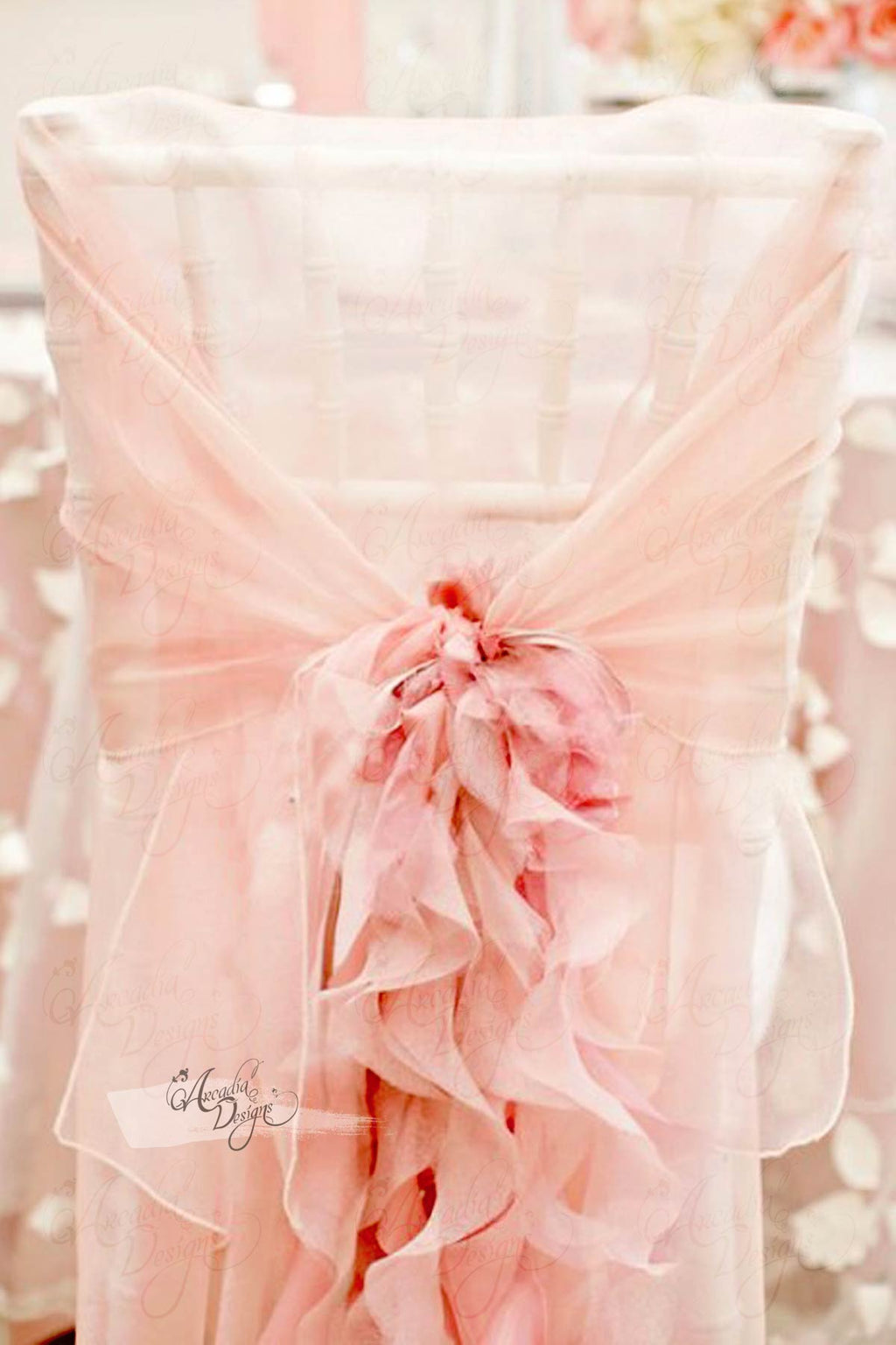 Arcadia Designs Ruffled Chiffon Chair Cover with Curly Sash Blush Pink