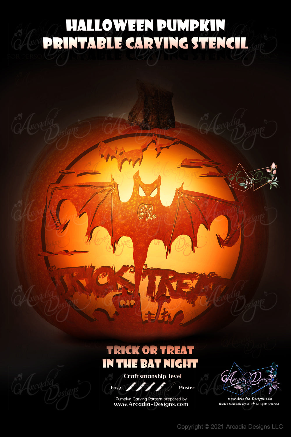 Trick or Treat in the Bat Night Halloween Pumpkin Carving Printable St – Arcadia Designs halloween-scary-jack-o-lantern-face-pumpkin-carving-pattern-arcadia-designs